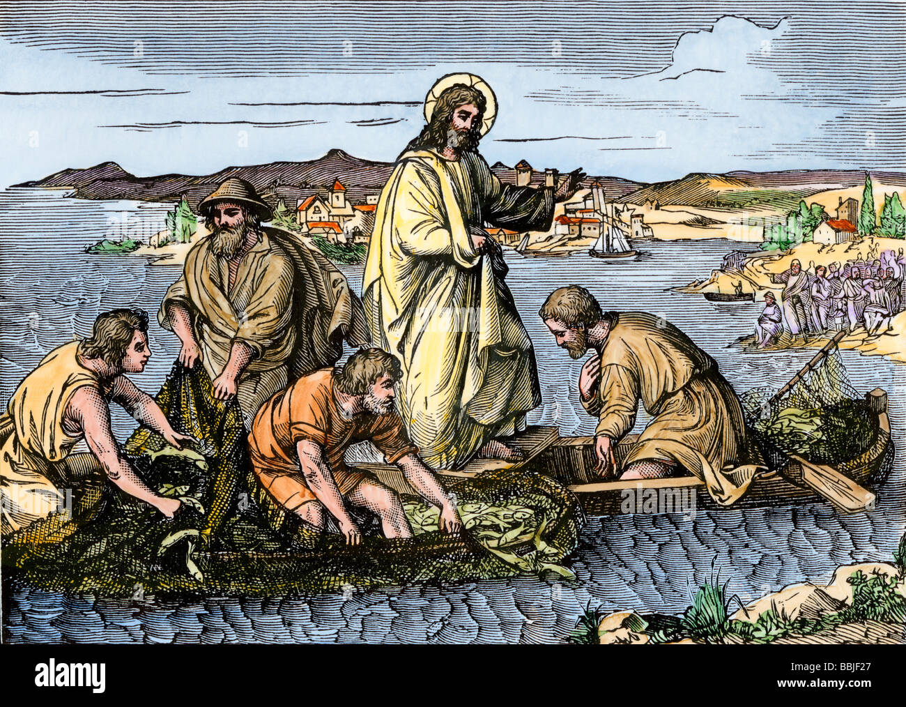 Jesus and his Apostles miraculously catch enough fish to feed the multitudes. Hand-colored woodcut Stock Photo