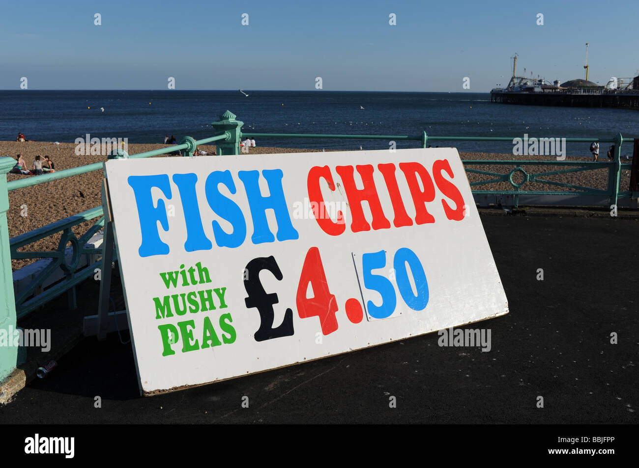 Fish and Chips sign on Brighton seafront UK Stock Photo Alamy