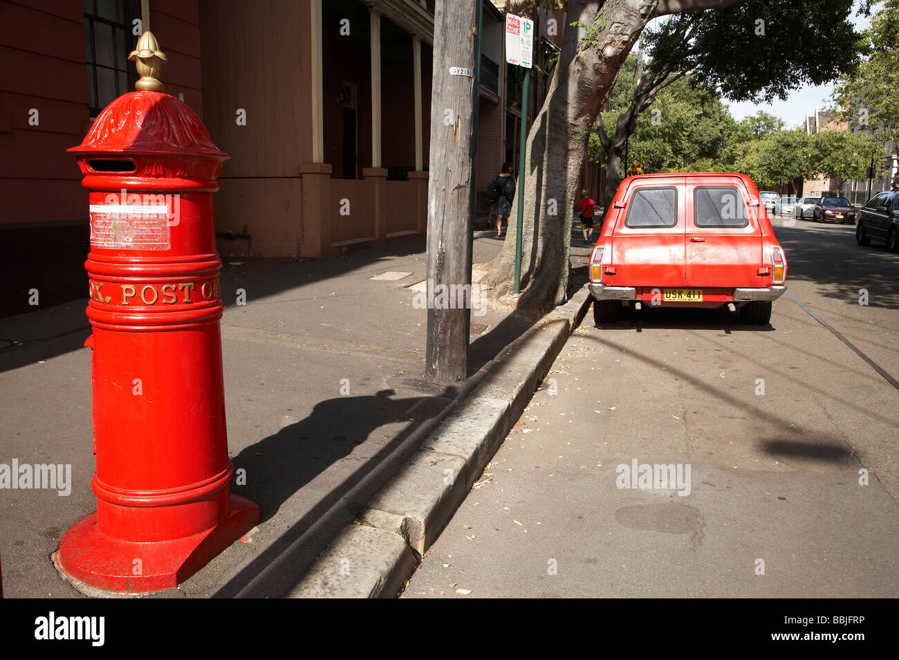 Old Red Post Box and Old Red Ford Falcon Panelvan The Rocks Sydney New South Wales Australia Stock Photo