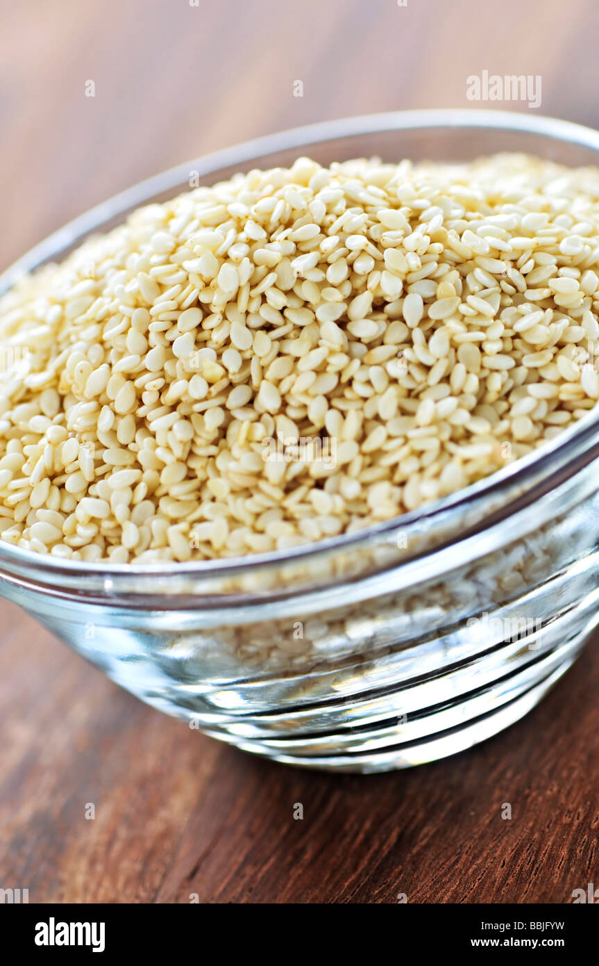 Sesame seeds close up in glass bowl Stock Photo