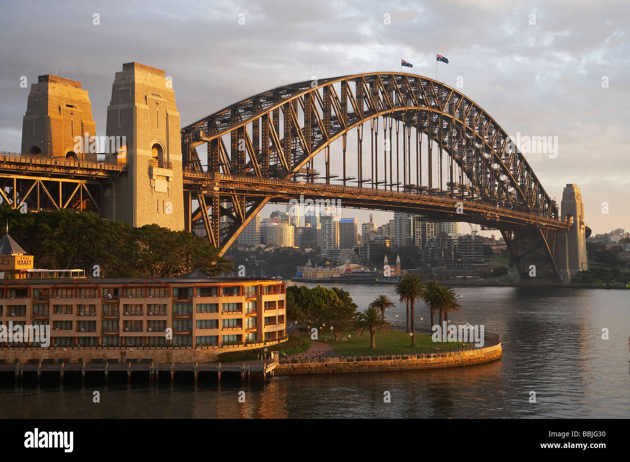 Sydney Harbour Bridge and Park Hyatt Hotel The Rocks Sydney New South Wales Australia Stock Photo