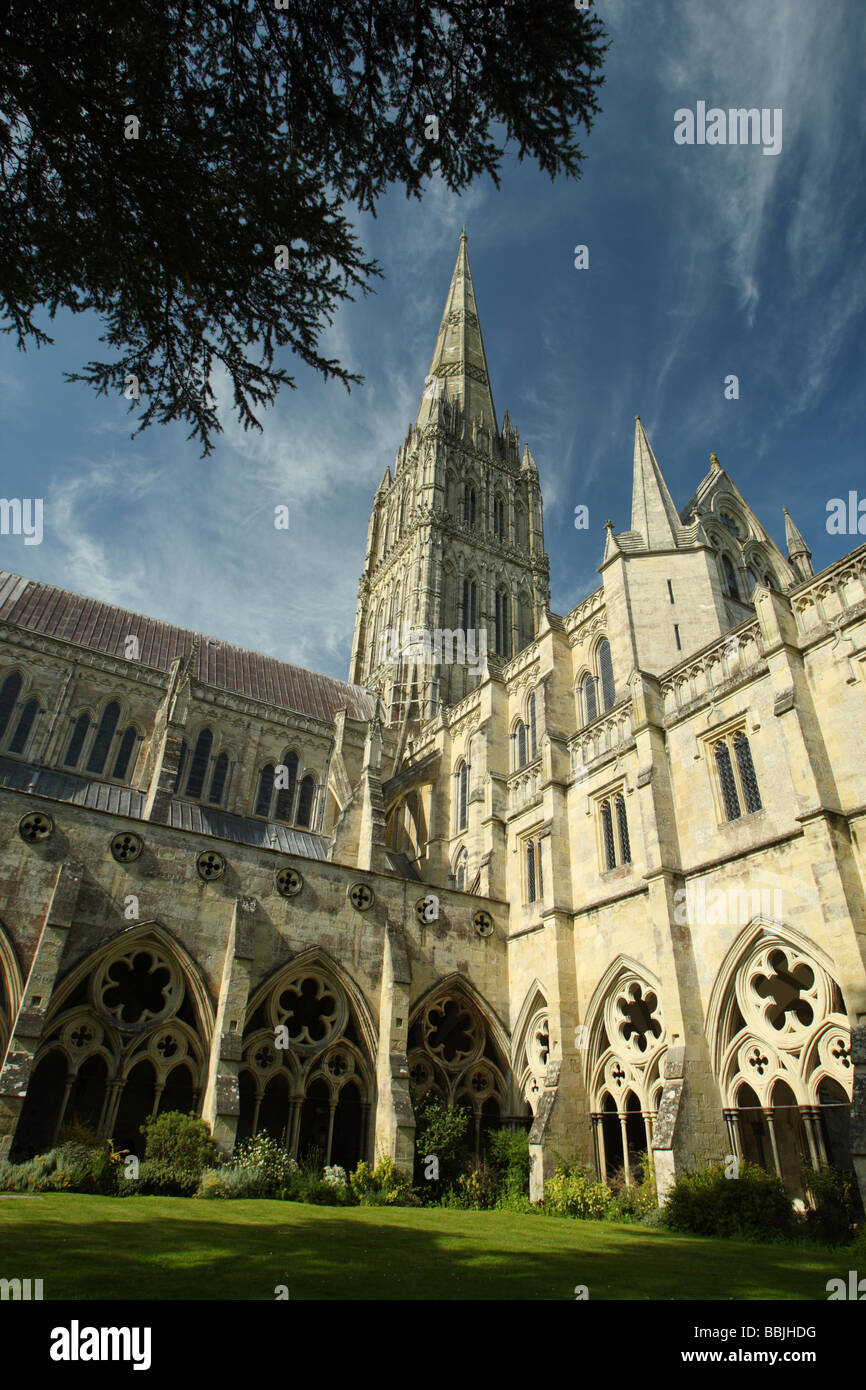 Salisbury Cathedral from the cloisters, Wiltshire England Stock Photo