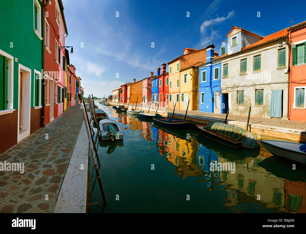 Panoramic view of the city and the colorfully painted houses and canals of Burano, Venice, Italy, Europe Stock Photo