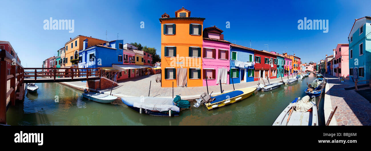 Panoramic view of the city with colorfully painted houses and canals of Burano, Venice, Italy, Europe Stock Photo