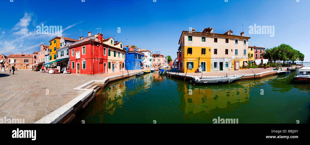 Panoramic view of the city with colorfully painted houses and canals of Burano, Venice, Italy, Europe Stock Photo
