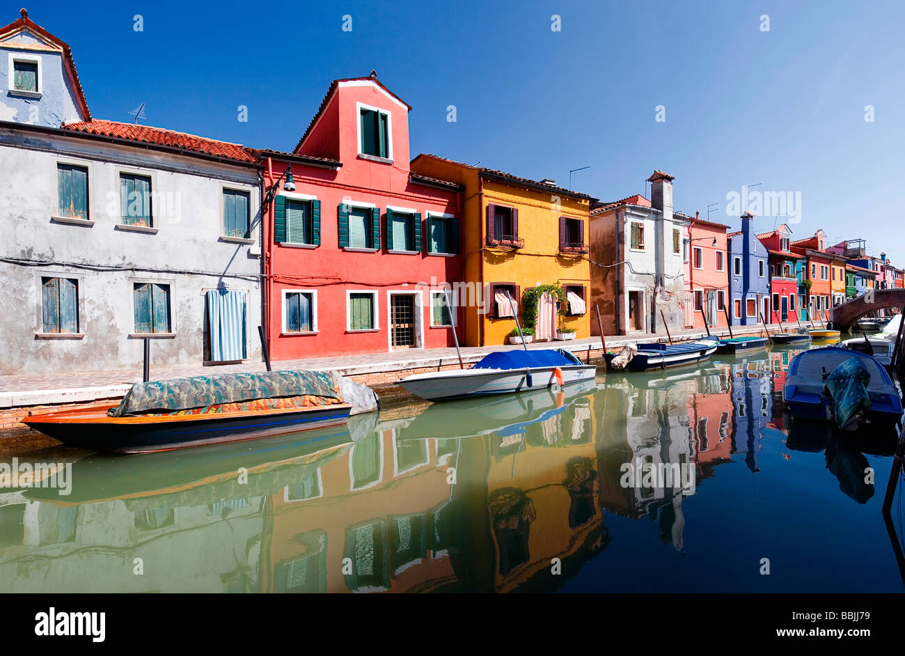 Panoramic view of the city and the colorfully painted houses and canals of Burano, Venice, Italy, Europe Stock Photo