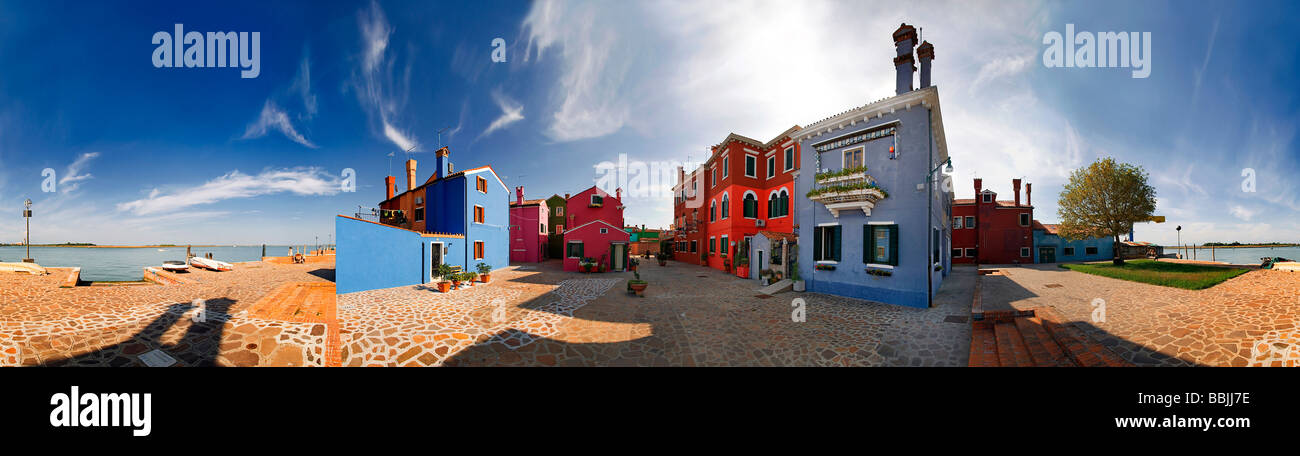 360 degree panoramic view of the city and the colorfully painted houses of Burano, Venice, Italy, Europe Stock Photo