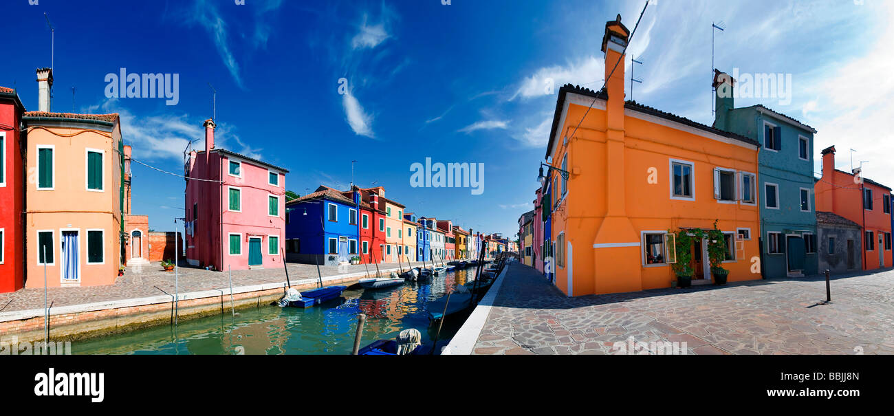 Panoramic view of the city and the colorfully painted houses and canals of Burano, Venice, Italy, Europe Stock Photo