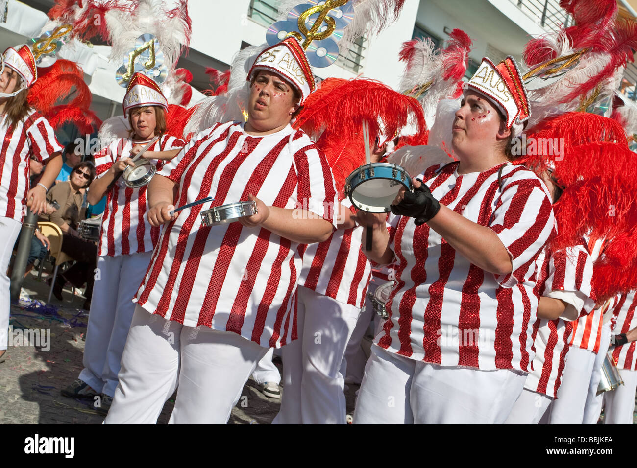 Image from the “Bateria”, the percussion musicians of the Samba School, during the Brazilian Carnival. Sesimbra, Portugal Stock Photo