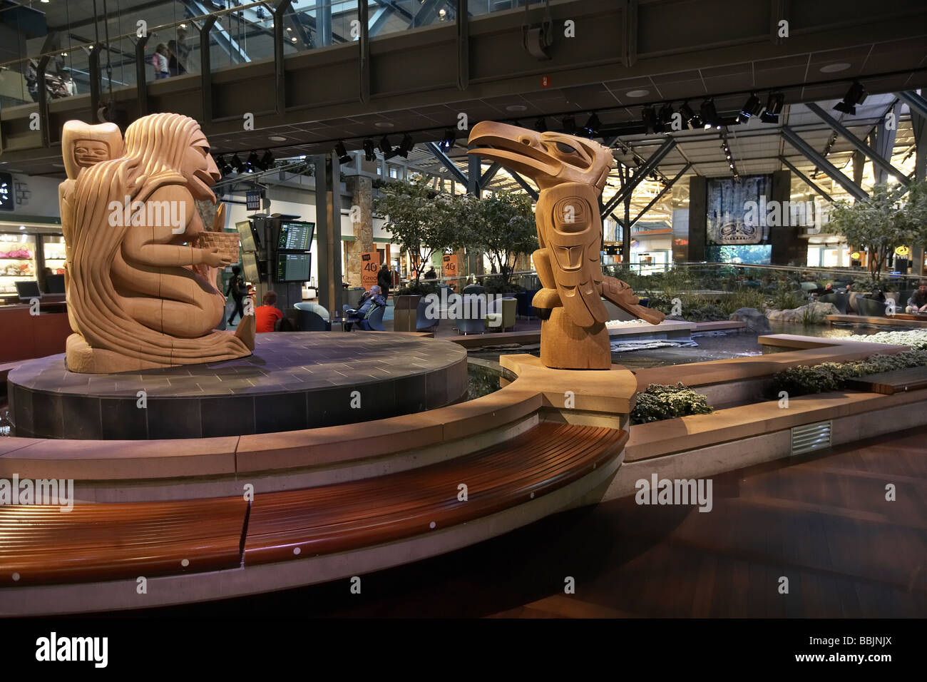 Wooden sculptures in the terminal at Vancouver international airport