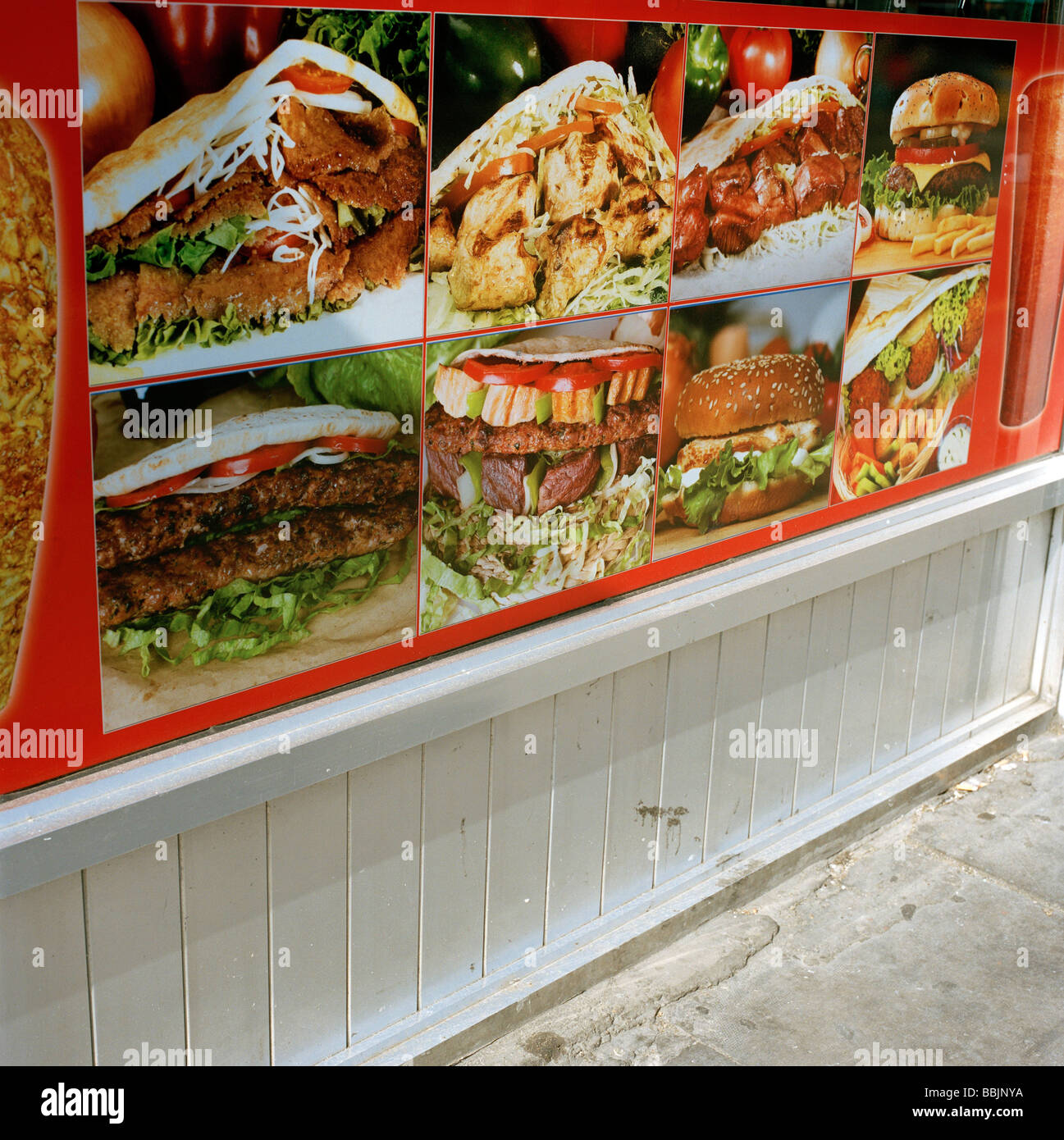 Kebab Window Illustration of food on a kebab shop window in Shoreditch, London Stock ...