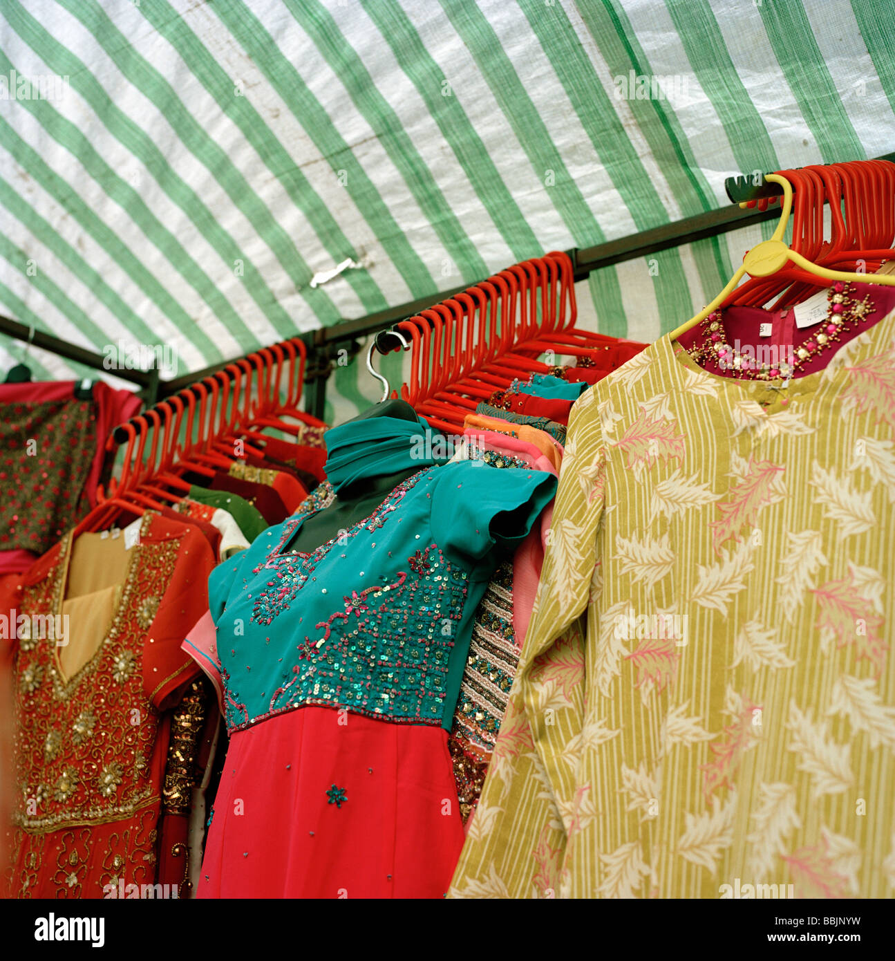 Women's clothes for sale on a market stall in Whitechapel, east London