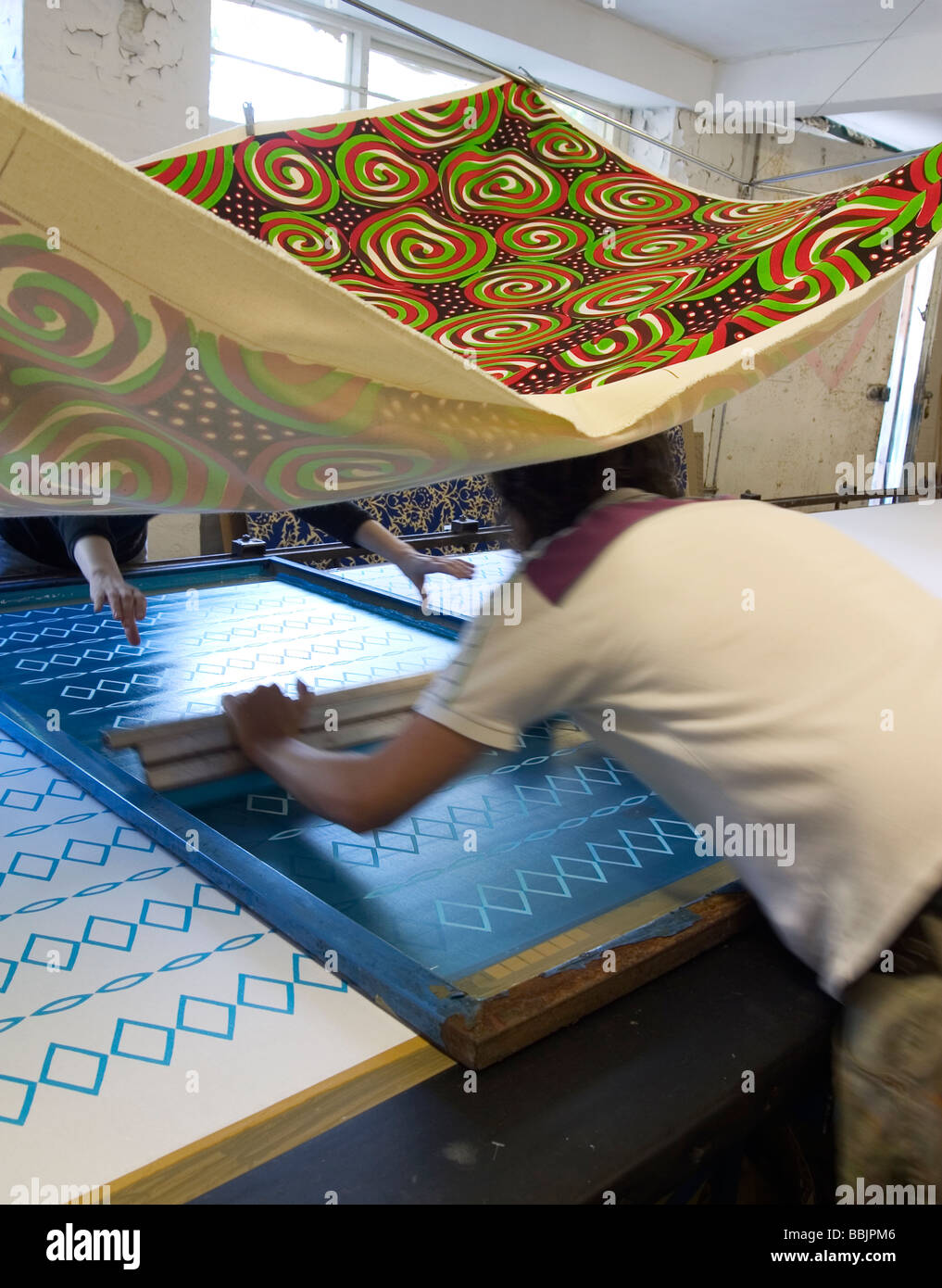 two workers screen printing in creative materials pattern