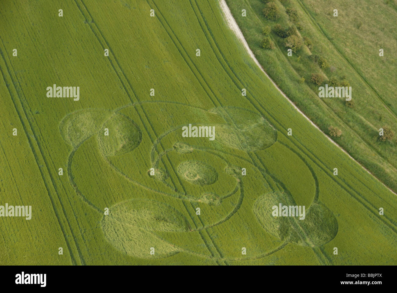 Crop Circle at Knoll Down, Near Beckhampton, taken from the air. Stock Photo