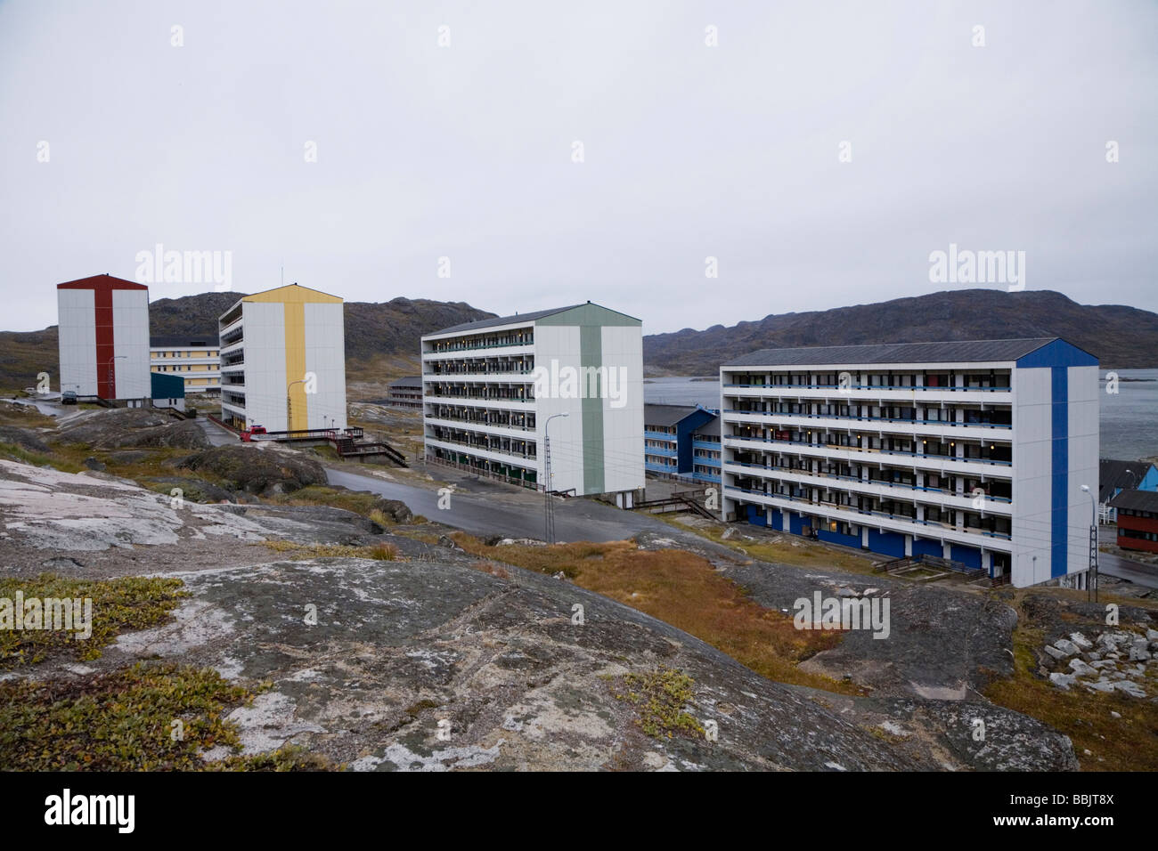 Residental apartments, Qaqortoq (Julianehåb), South Greenland Stock