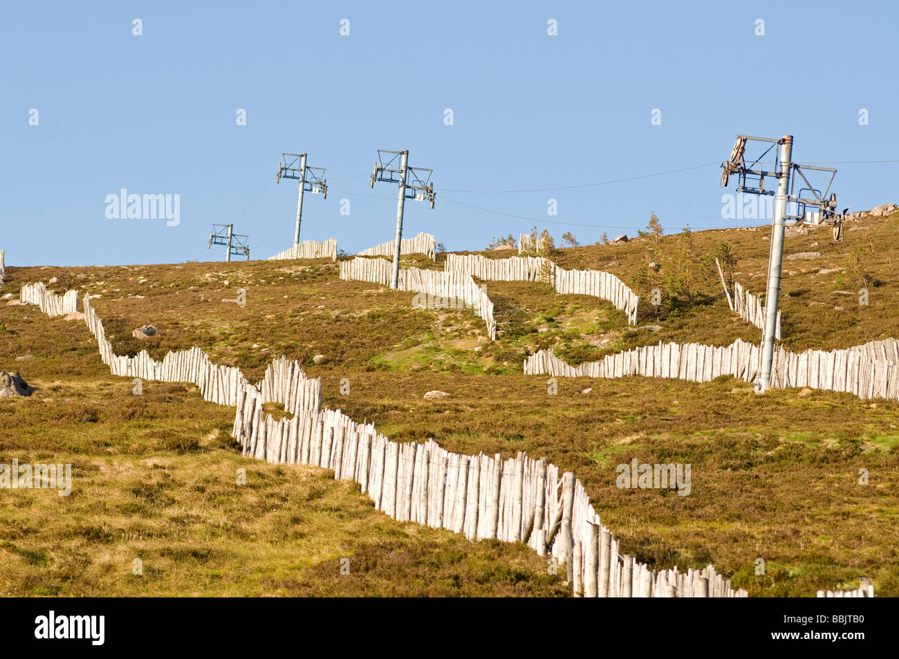 Cairngorm Snow Fencing and Poma ski tow in Summer. Stock Photo