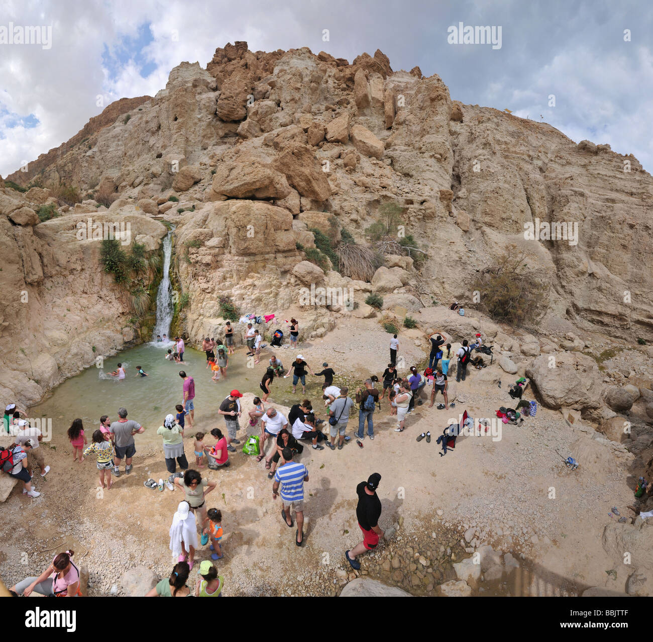 Panorama of traveling people near Ein-Gedi waterfall Stock Photo