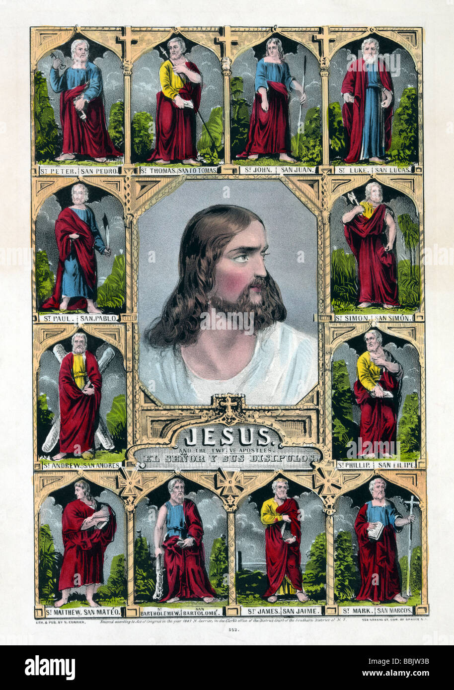 Lithograph print published circa 1847 by N Currier entitled “Jesus and the Twelve Apostles”. Stock Photo