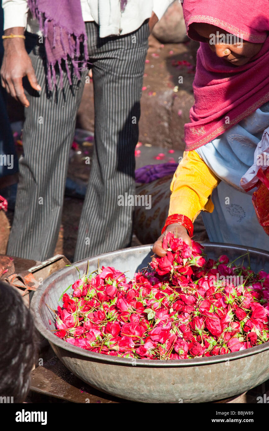 Indian Woman Buying Flowers in the Flower Market in Delhi India Stock Photo