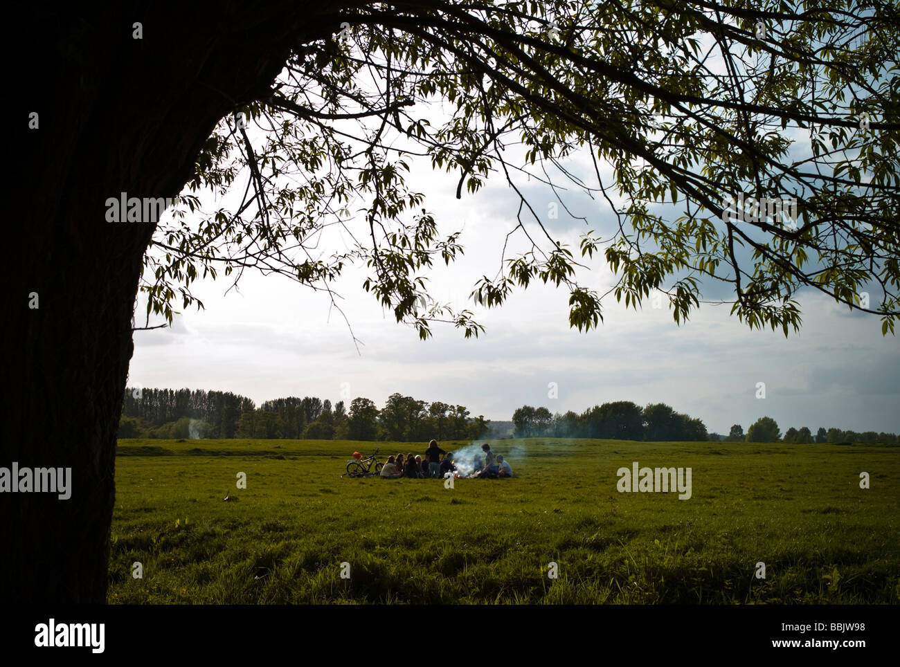 University students relaxing having a picnic and barbecue on the Port
