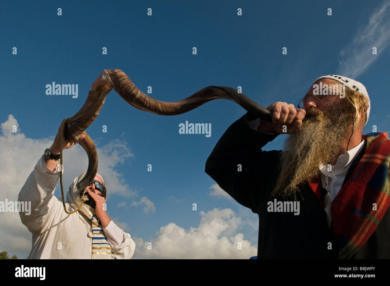 Ultra orthodox Jewish men blow the Shofar made from a ram horn which