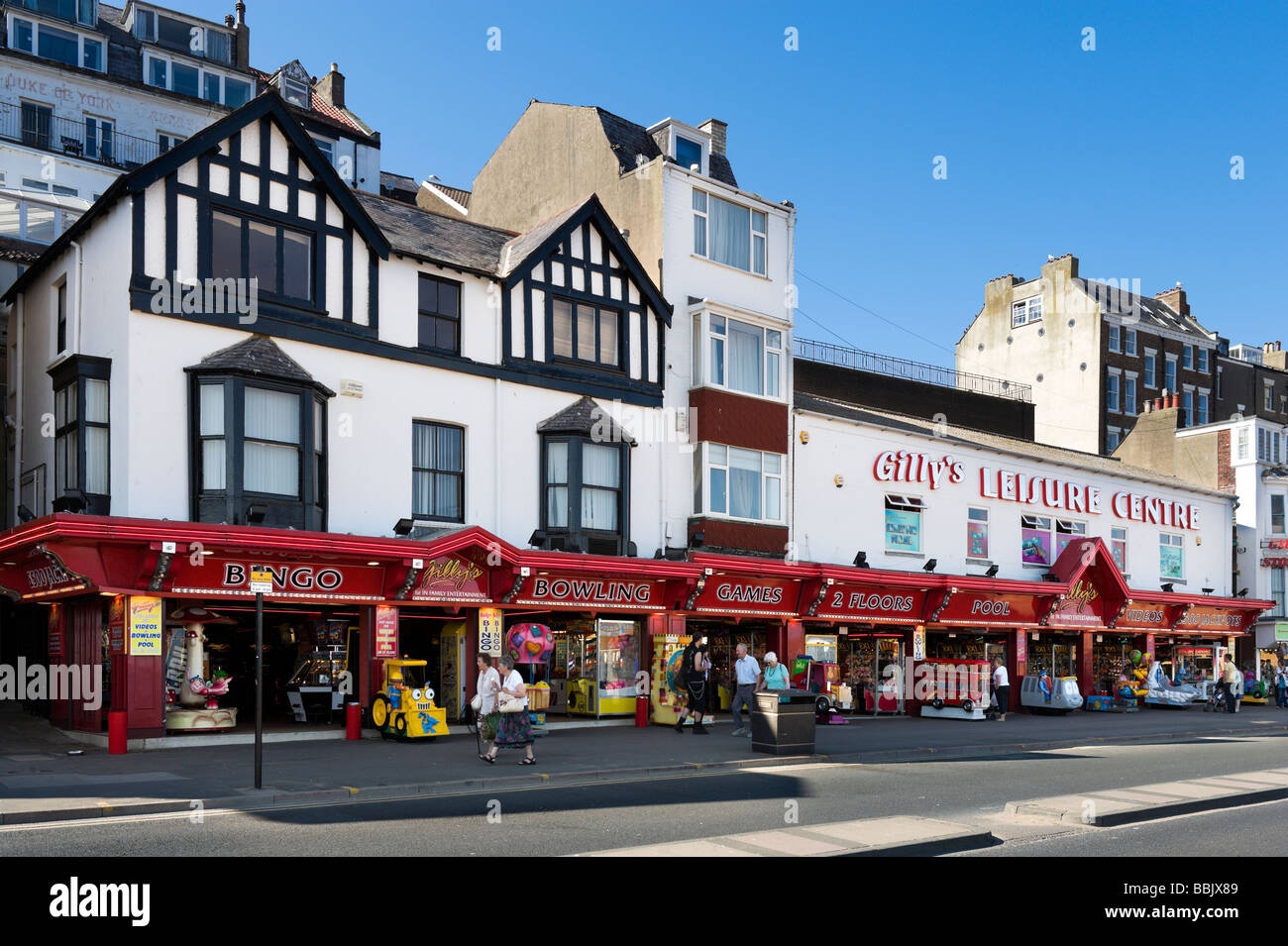 Typical Amusement Arcades on the promenade in South Bay, Scarborough, East Coast, North Yorkshire, England Stock Photo