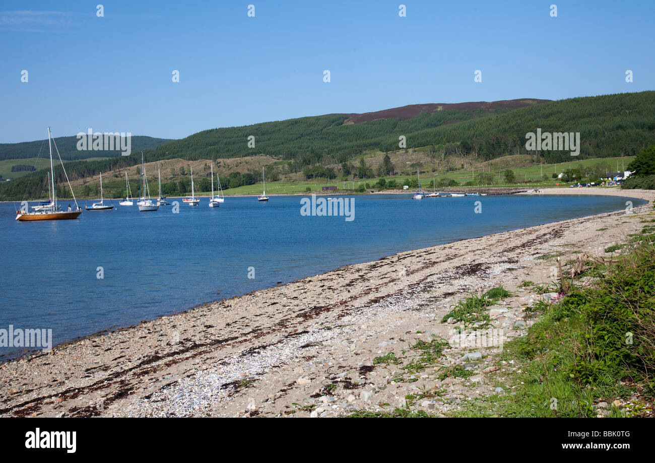 Boats and yachts moored off Otter Ferry, a tiny settlement on the shores of Loch Fyne in Argyll, Scotland, UK Stock Photo