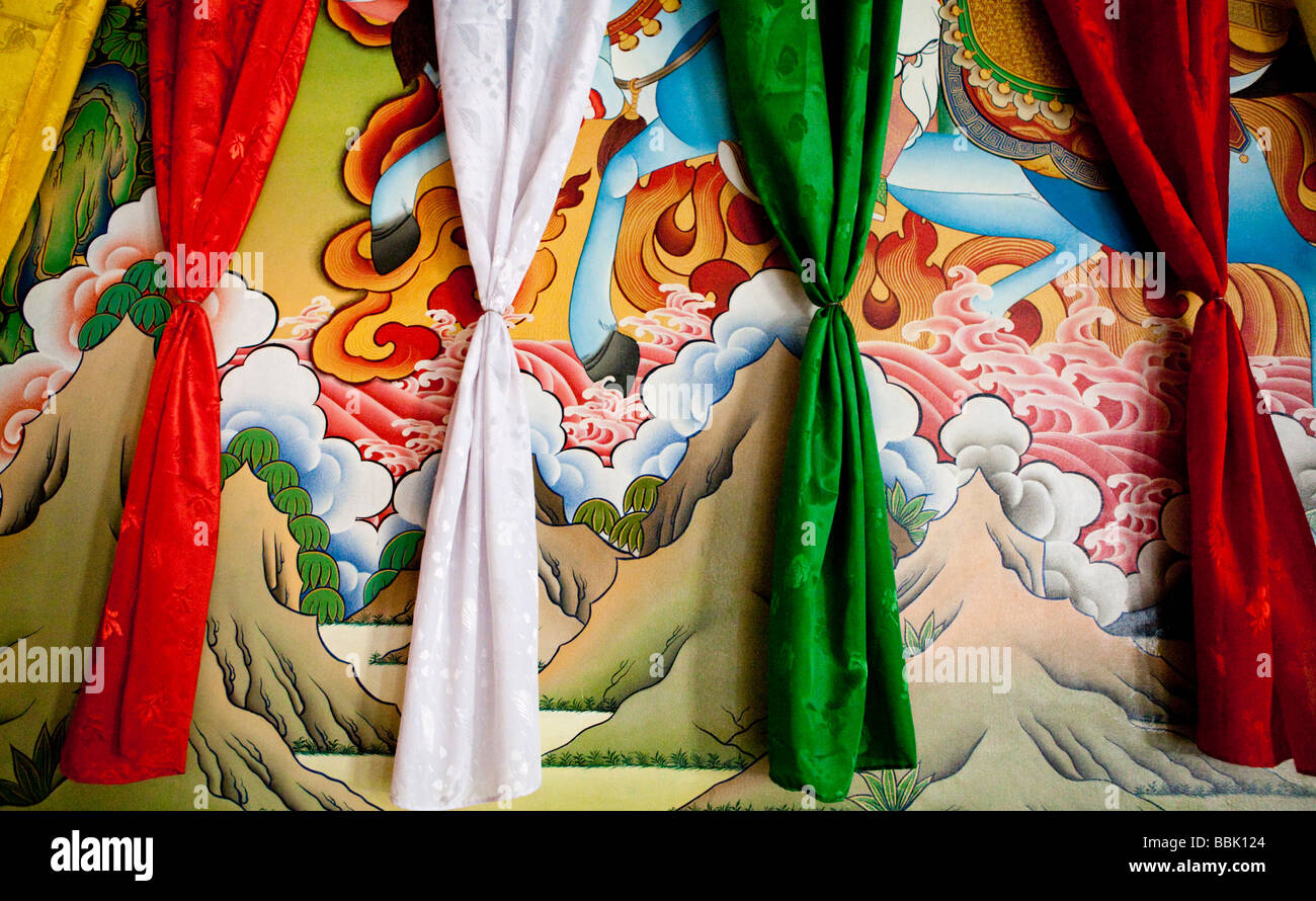 Multi Colored Embroidered Hangings   Namdroling Tibetan Monastery Bylakuppe Koorg Karbataka India Stock Photo