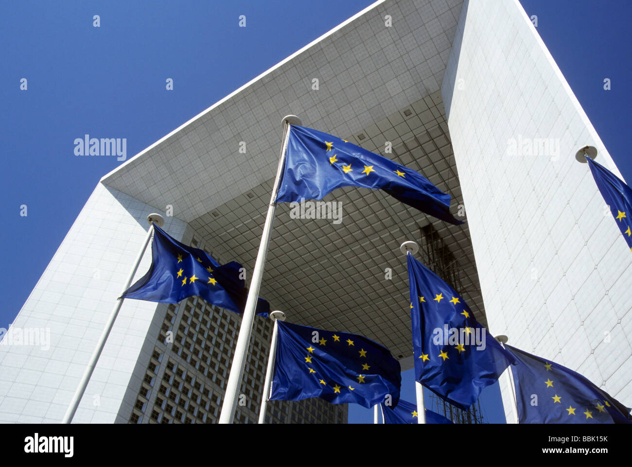 la defense paris france french government european union flag fly architecture building structure modern unique landmark Stock Photo