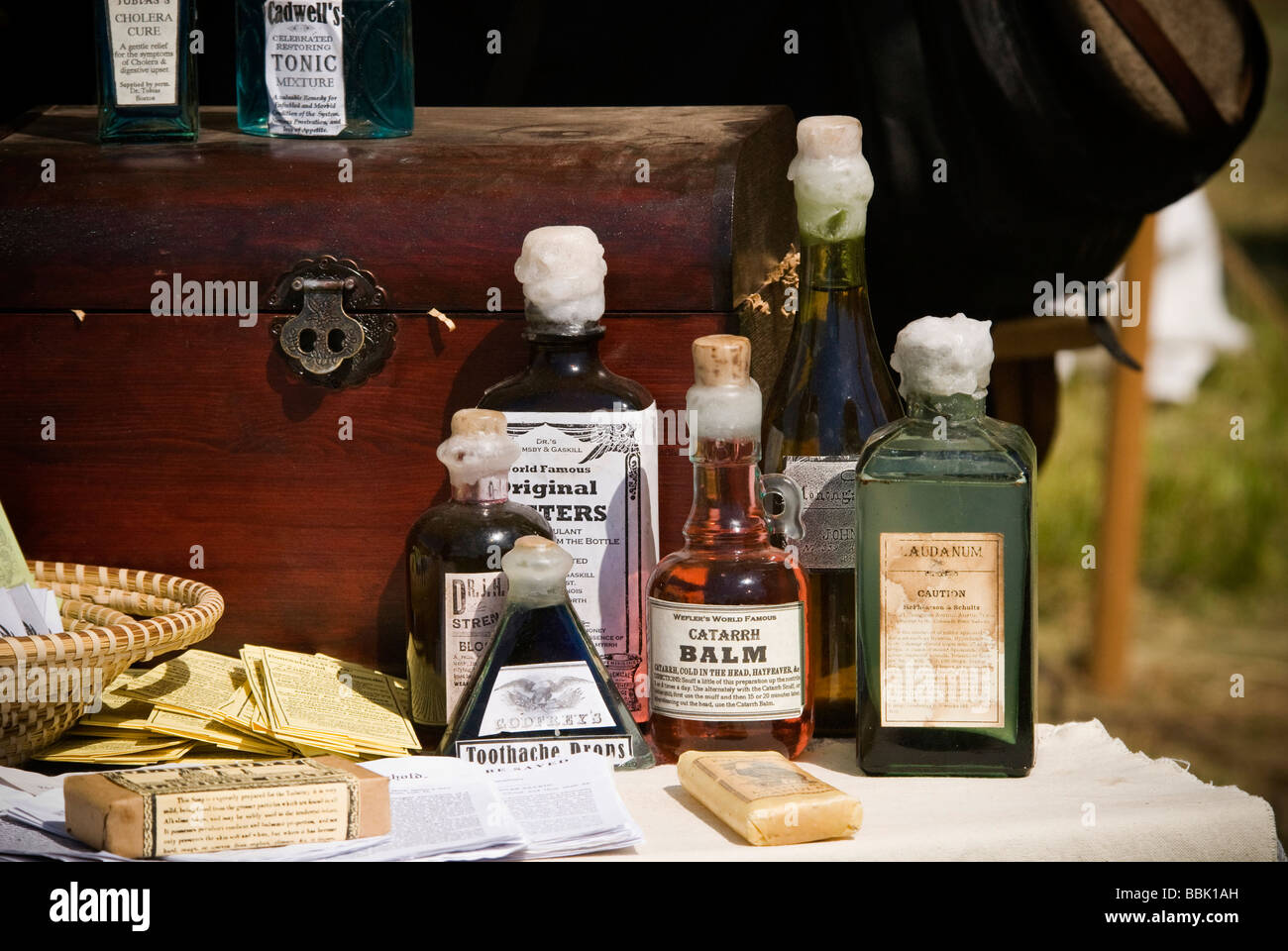 medicine used by doctors during Civil War battles.  Picture taken during a Civil War reinactment. Stock Photo