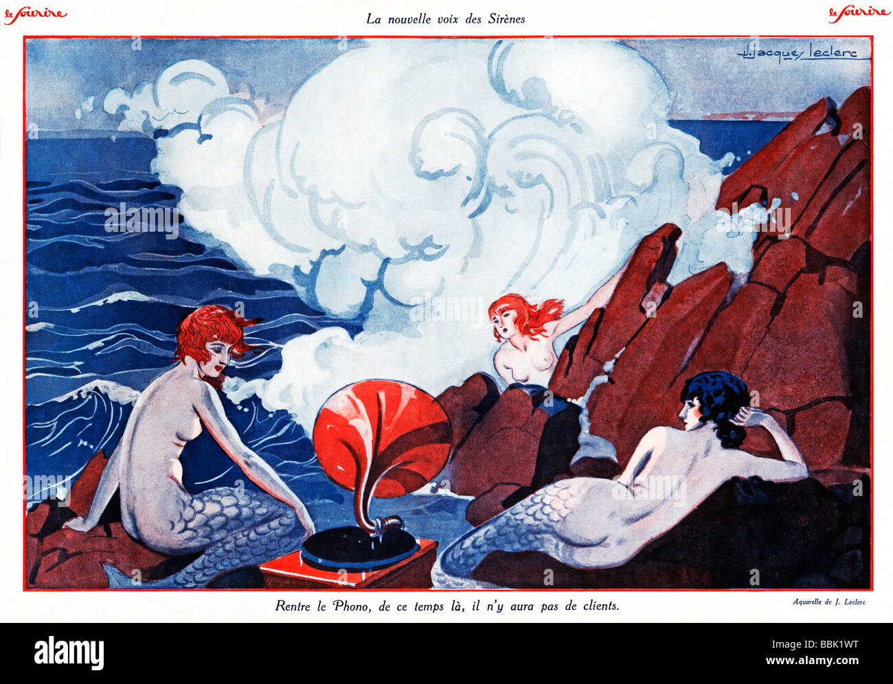 La Nouvelle Voix des Sirenes 1920s illustration of mermaid life Rentre le Phono de ce temps la il ny aura pas de clients Stock Photo