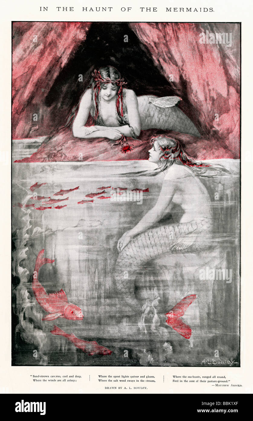 The Haunt Of The Mermaids lovely Edwardian illustration of the cave of the sirens with some verse by Matthew Arnold Stock Photo