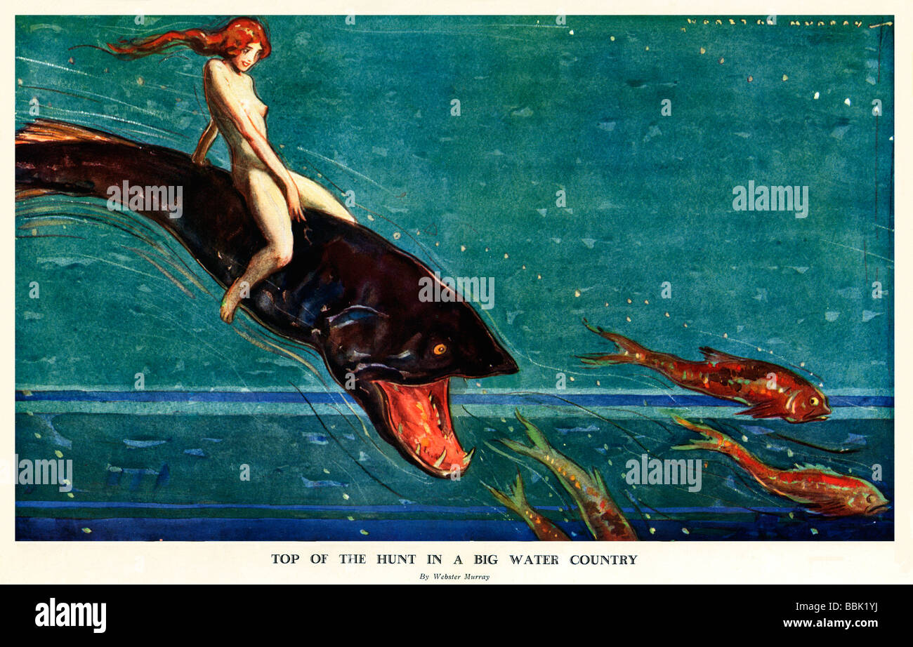 Top of the Hunt 1930s fantasy illustration of a sea nymph riding a large fish on the chase Stock Photo