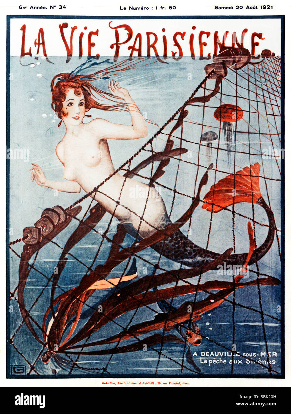 Mermaid in the Net 1921 French magazine cover illustration of an unusual fish catch at Deauville Stock Photo