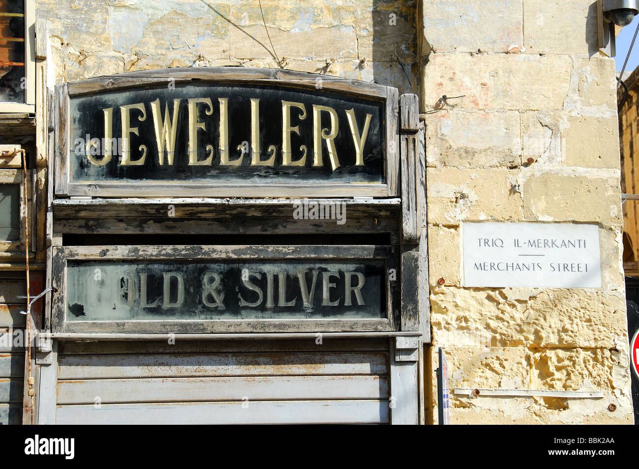 MALTA. Old wooden sign for a jewellery shop on Merchants' Street in Valletta. 2009. Stock Photo