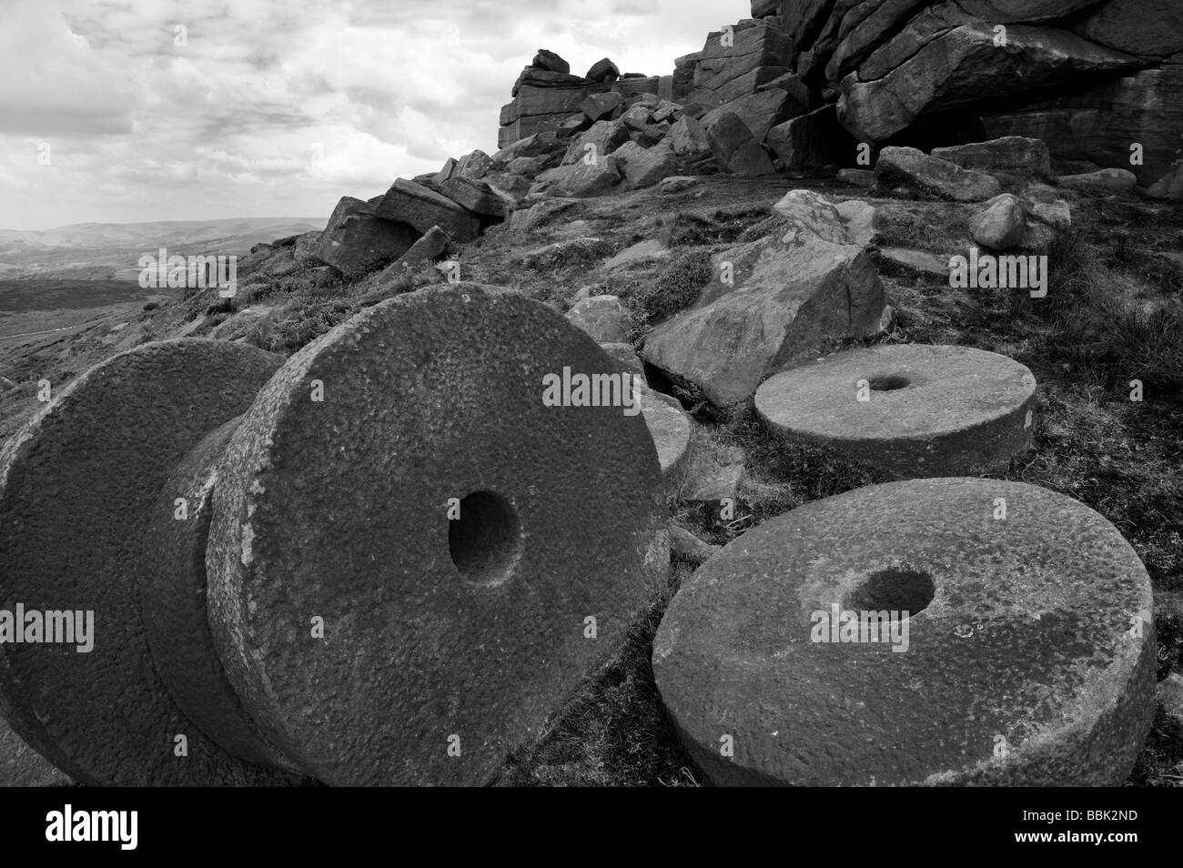 Old abandoned millstone in the peakdistrict Derbyshire England Stock Photo