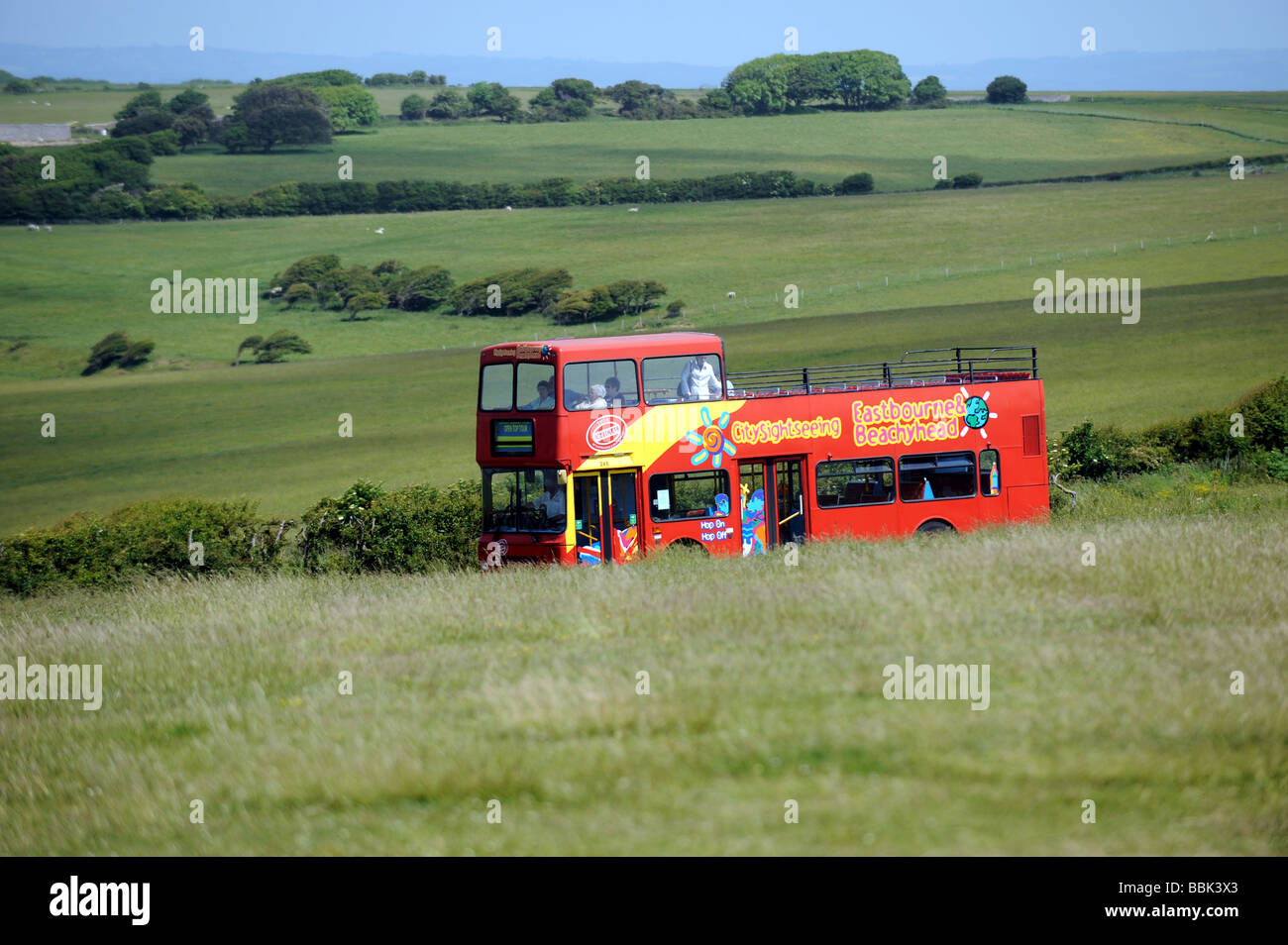 The sightseeing open top bus which travels between Eastbourne and Beachy Head in Sussex Stock Photo