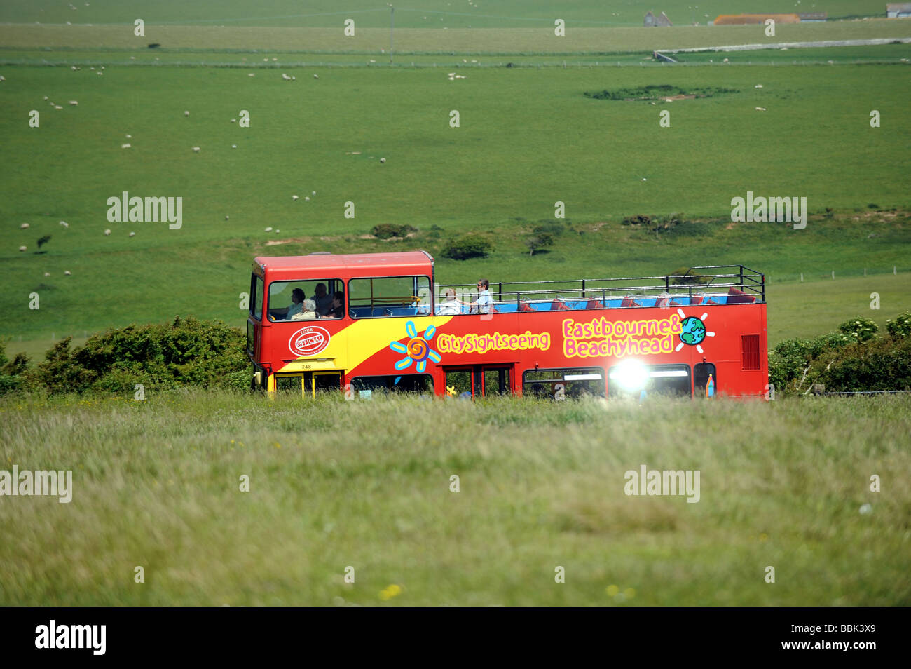 The sightseeing open top bus which travels between Eastbourne and Beachy Head in Sussex Stock Photo