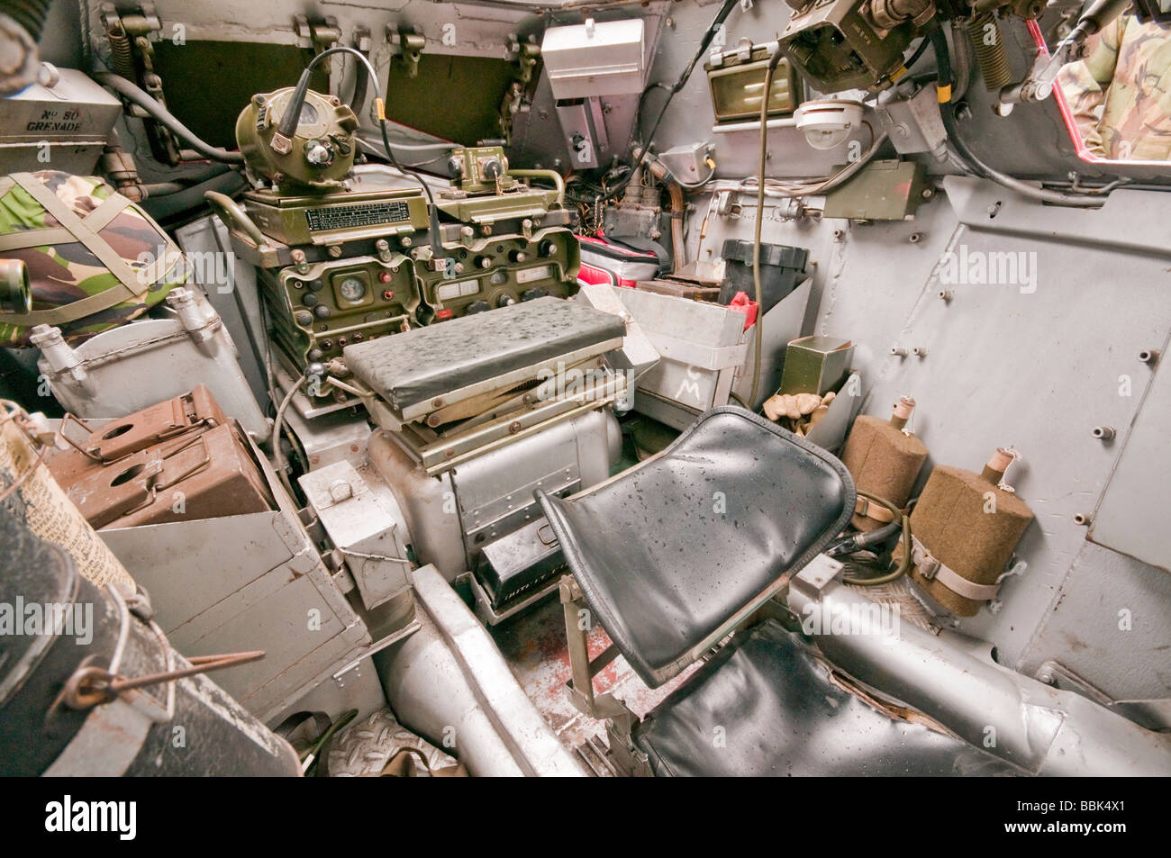 Cramped interior of a Ferret armoured vehicle, manufactured by Daimler between 1952 and 1971 Stock Photo