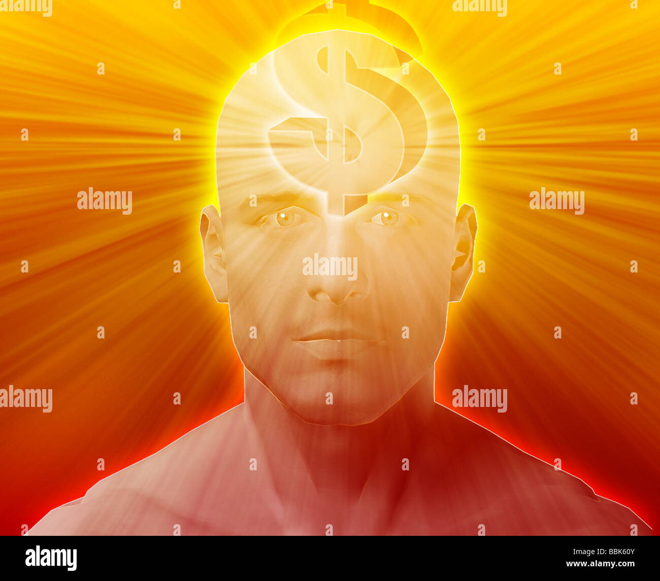 Man thinking about money dollars floating over head Stock Photo