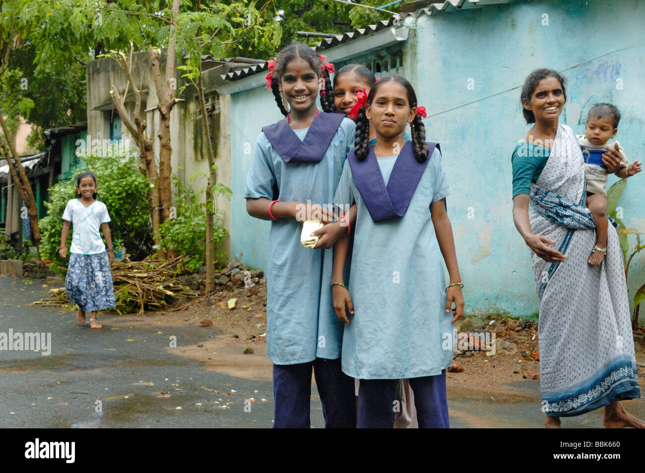 Schoolgirls in one of Chennai's many suburban slum areas; India, Tamil Nadu, Chennai (Madras). No releases available. Stock Photo