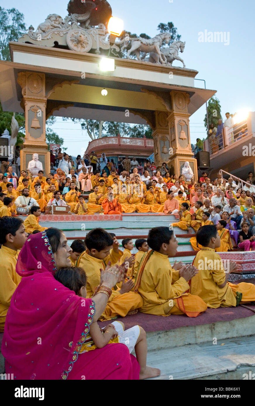 Ganga aarti ceremony. Triveni Ghat. Ram Jhula. Rishikesh. India Stock Photo