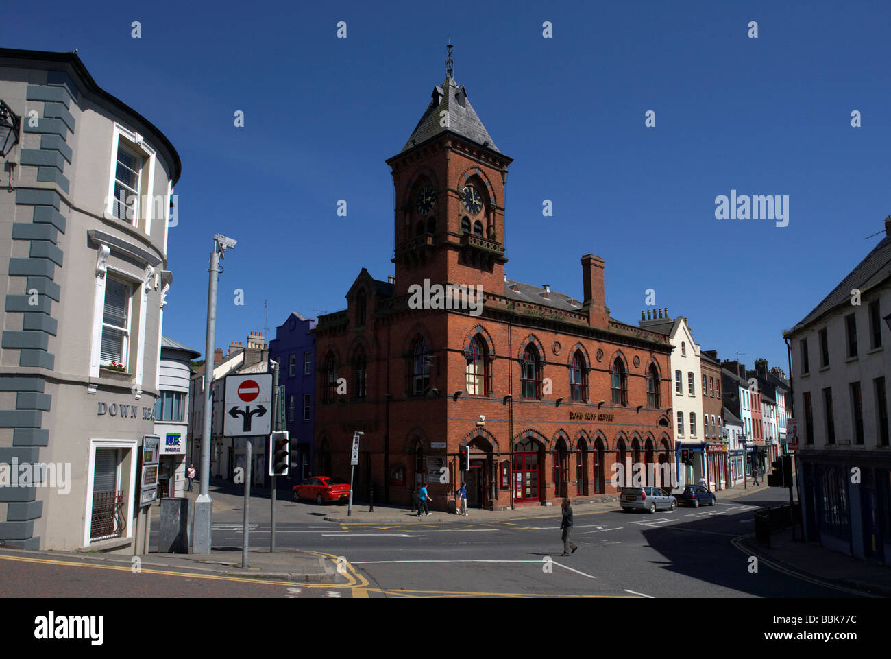 the down arts centre in the old town hall in the town centre of downpatrick with english street junction with irish street Stock Photo