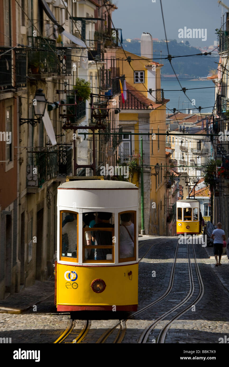 two car elevators on the elevator da bianca in the Bairro Alto district of the city,Lisbon,Portugal,europe. Stock Photo