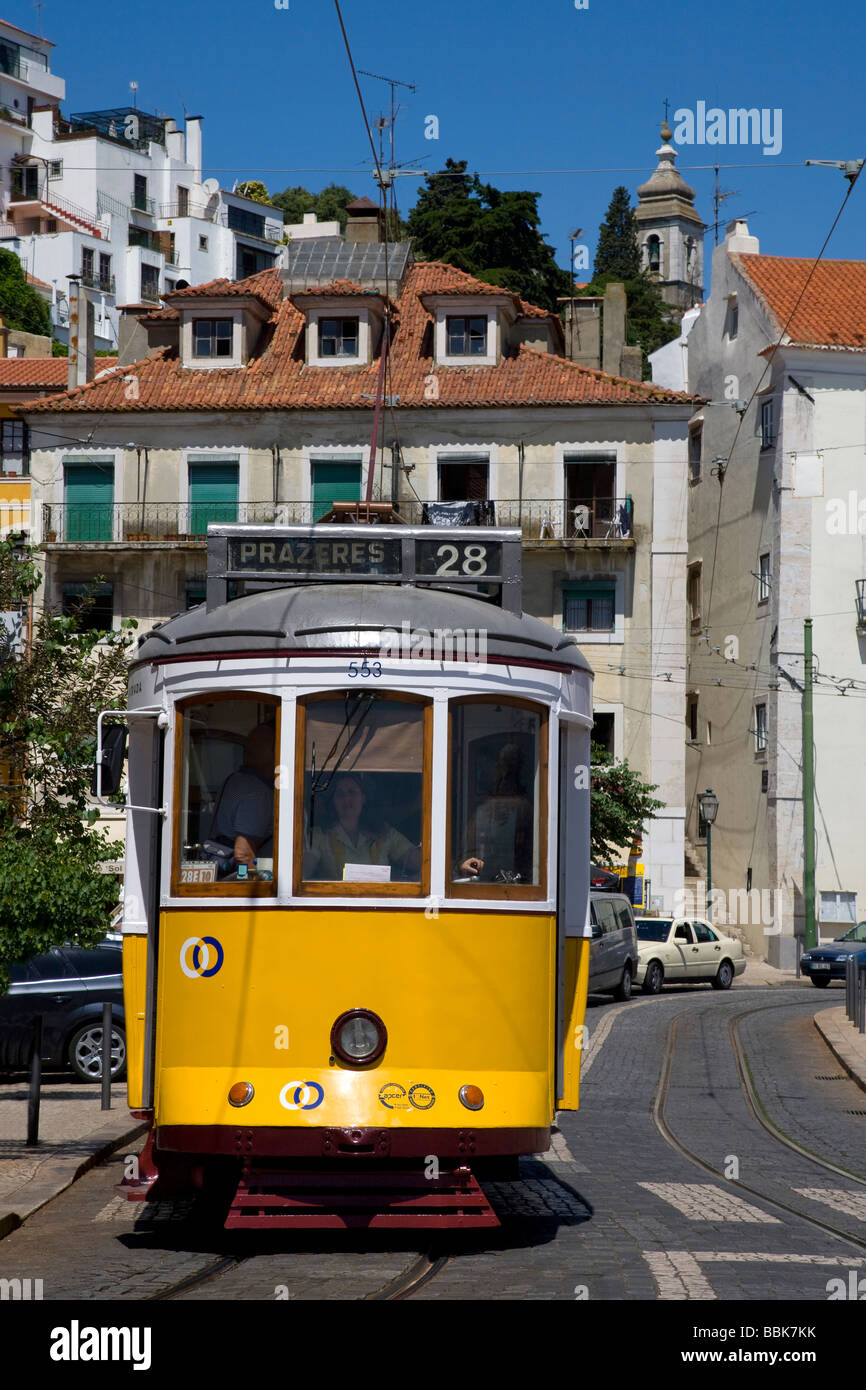Tram in Alfama quarter of Lisbon, Portugal, Europe. Stock Photo