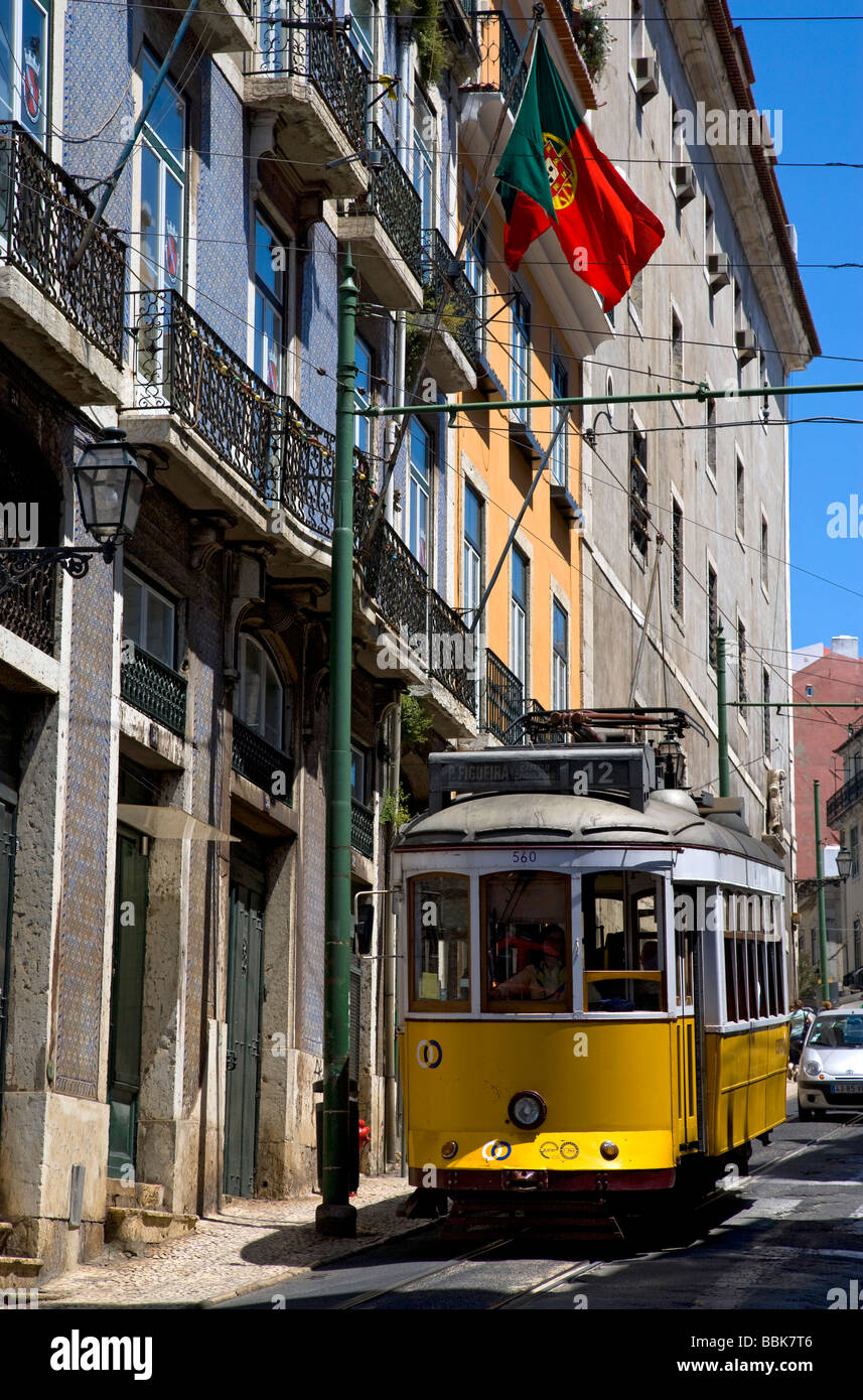 Tram in Alfama quarter of Lisbon, Portugal, Europe Stock Photo