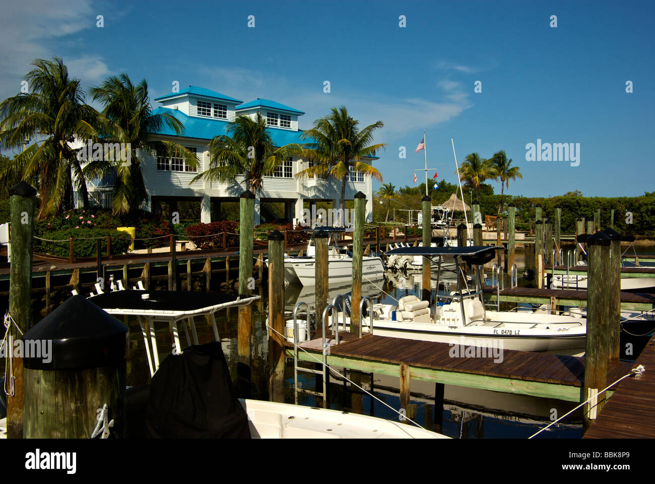 Saltwater sport fishing boats tied up at marina in Key Largo Stock