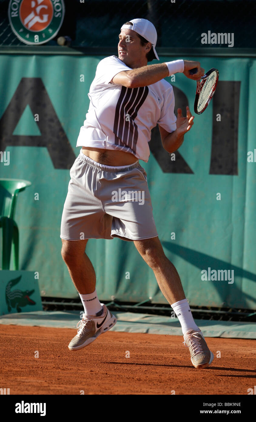 German player Tommy Haas plays forehand return at Roland Garros Stock Photo