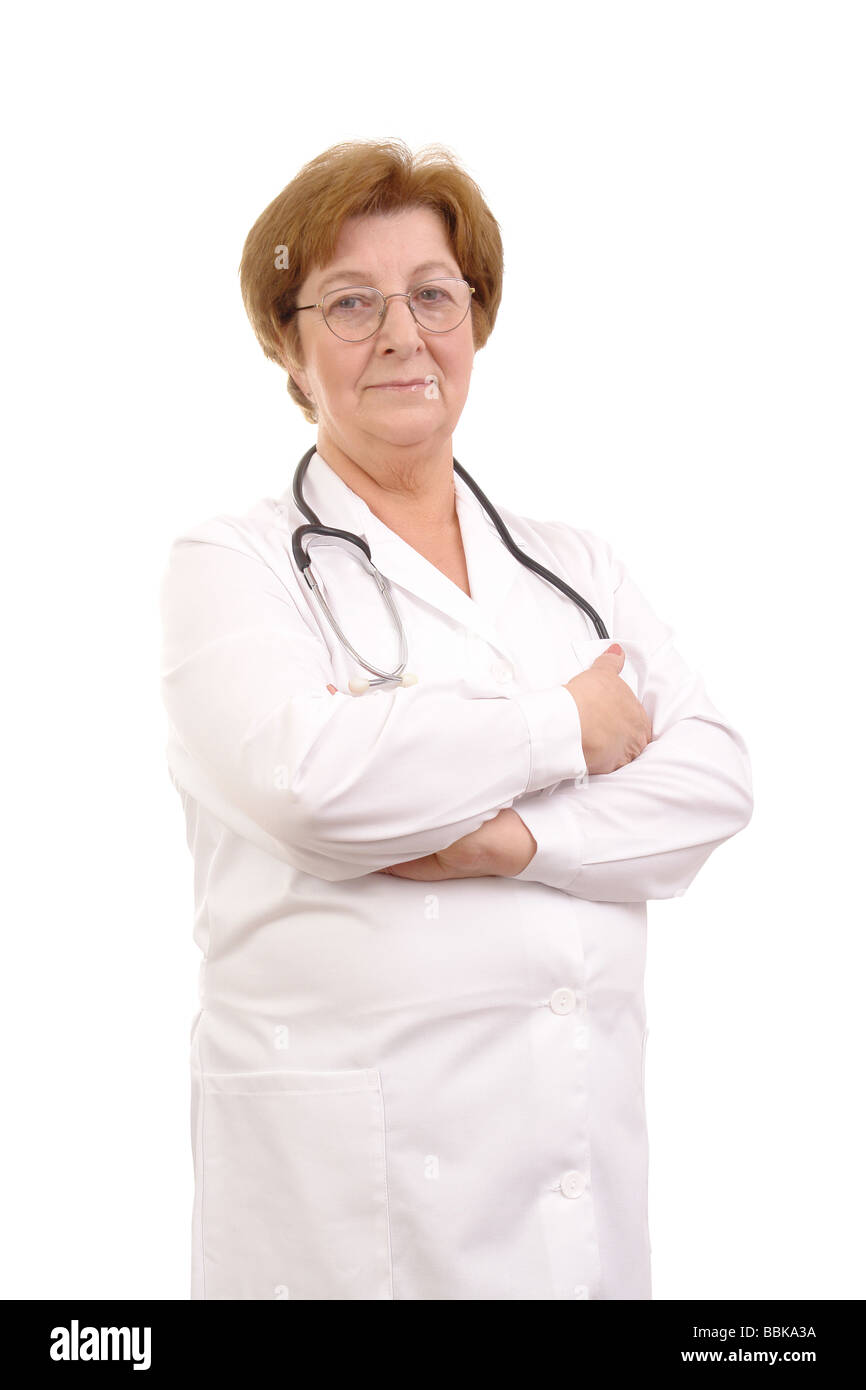 Portrait of senior female doctor with stethoscope posing over white background Stock Photo