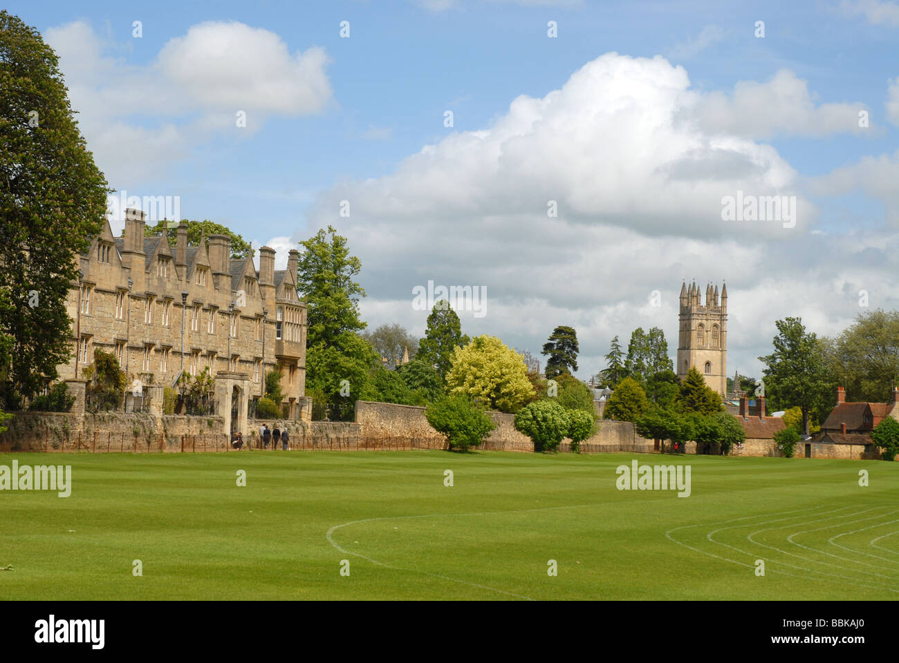 view across Merton Field to Merton College & Magdalen Tower, Oxford Univeristy, Oxford, Oxofordshire, England Stock Photo